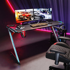 SONNI Gaming Schreibtisch mit LED 120cm Gaming Tisch RGB Gaming Schreibtisch Ergonomischer Tisch Gamer Tisch mit Getränkehalterung und Kopfhörerhaken Schwarz PC Tisch Klein