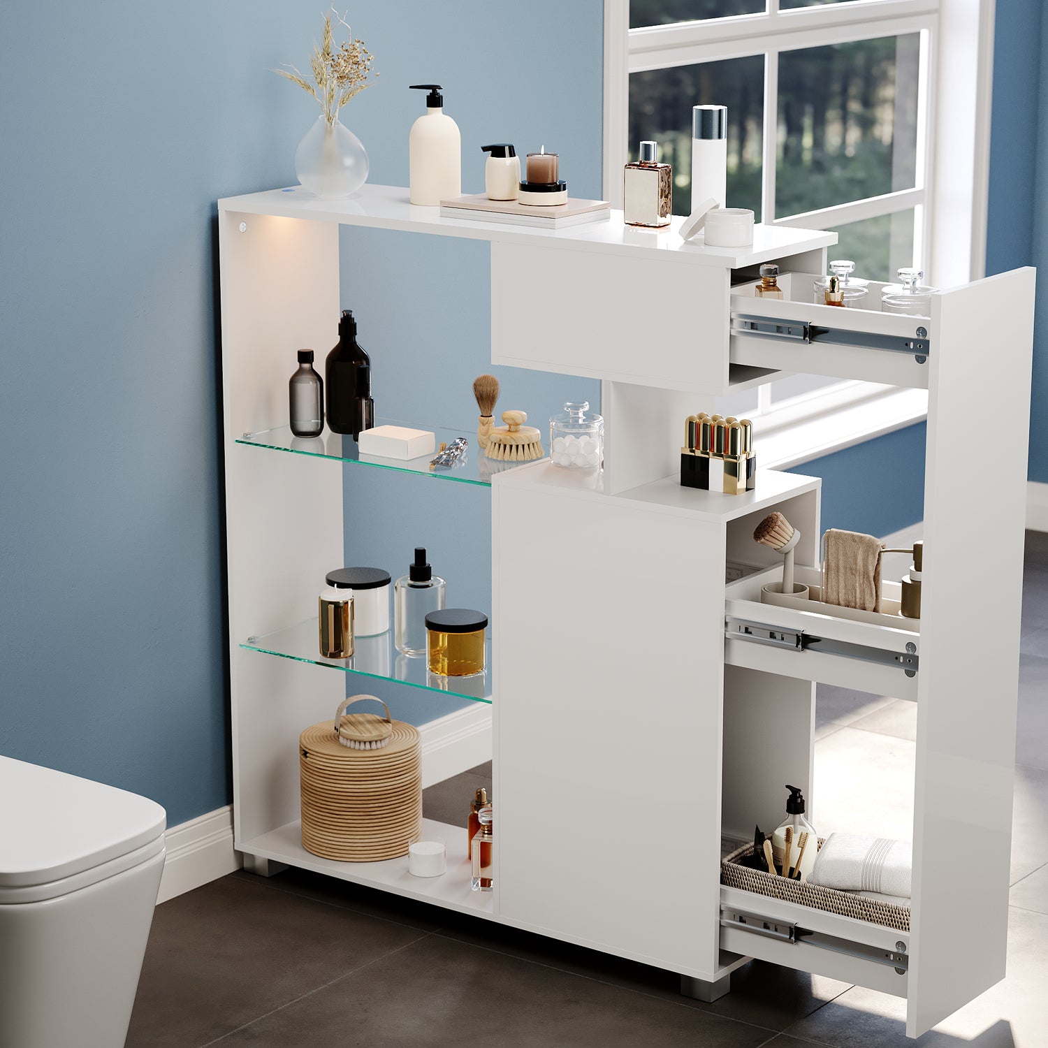 SONNI Badezimmerschrank mit LED-Sensor, Badschrank mit 3 Schubladen und linksseitigem Klappfach, Aufbewahrungsschrank 100 x 26 x 116 cm Weiß