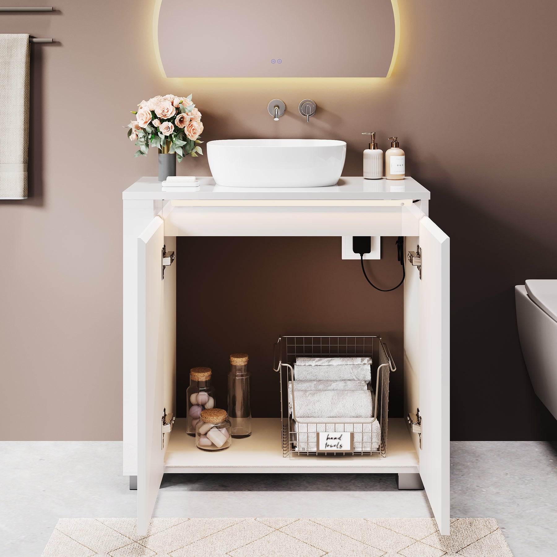 SONNI Freistehender Waschtisch mit LED-Sensorbeleuchtung, Aufsatzwaschbecken mit Doppeltüren und verstellbaren Ablagen, Badschrank 60 x 60 x 30 cm Weiß