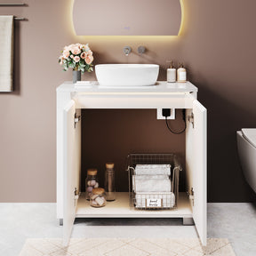 SONNI Freistehender Waschtisch mit LED-Sensorbeleuchtung, Aufsatzwaschbecken mit Doppeltüren und verstellbaren Ablagen, Badschrank 60 x 60 x 30 cm Weiß