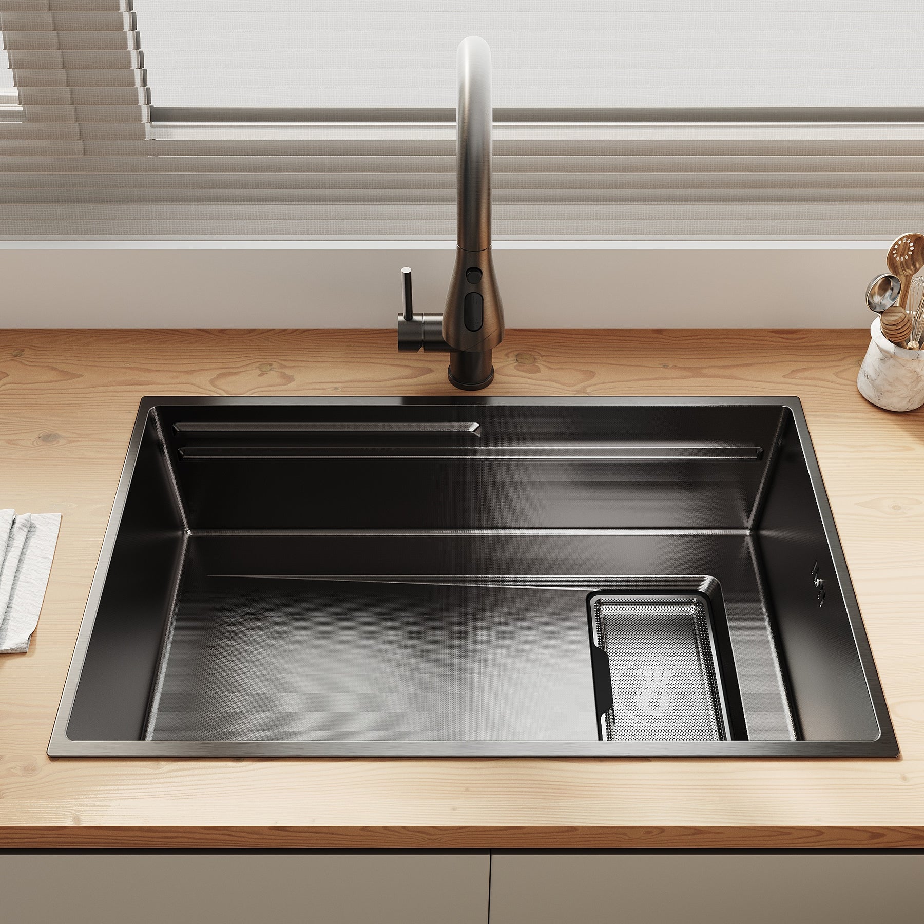 SONNI Küchenspüle Waschbecken Edelstahl 304, Nanosilber/Diamantschwarz, 70x44 cm, Einbauspüle mit 1 Becken,Wasserhahn,Unterbauspüle mit Abtropfkorb und Rechteckigem Abfallsieb