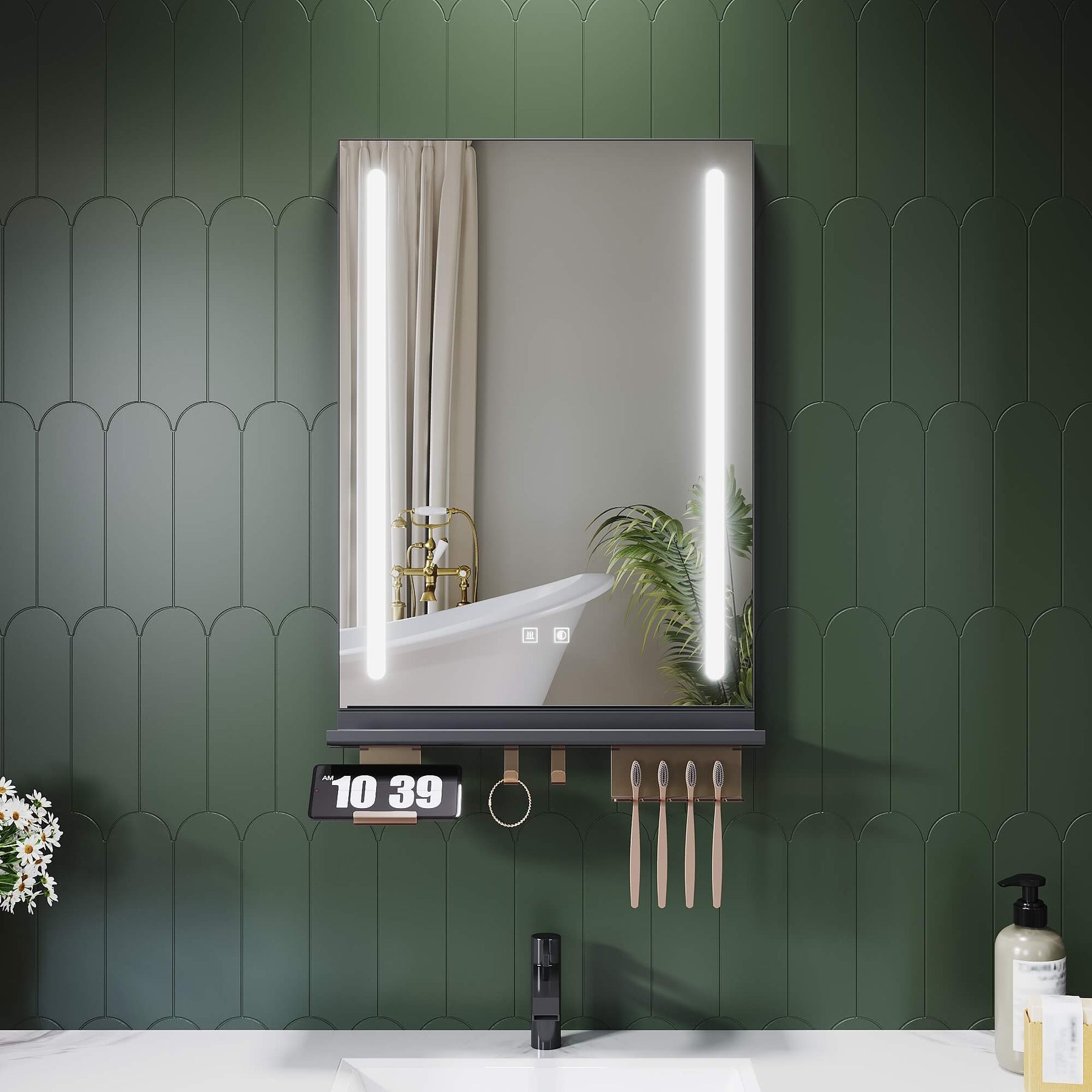 SONNI LED Badspiegel 50x70cm mit Ablage, Touch Badezimmerspiegel 3 Lichtfarben, Anti-Beschlag & Gedächtnisfunktion, Ablage mit Handyhalter + Haken + Zahnbürstenhalter + Becherhalter