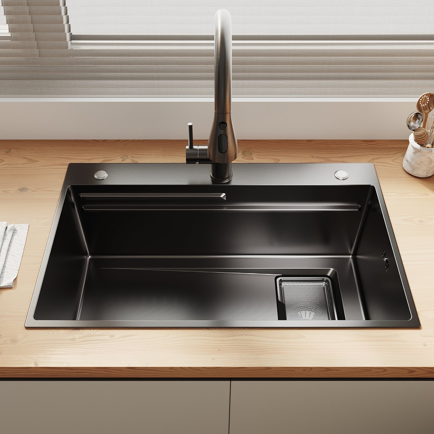 SONNI Spülbecken Küchenspüle 304 Edelstahl Waschbecken 70×45 cm, Einbauspüle mit 1 Becken,Wasserhahn,Unterbauspüle, Nanosilber/Diamantschwarz, inkl. Abtropfkorb & Abflusssieb, 3-Loch Breitkante