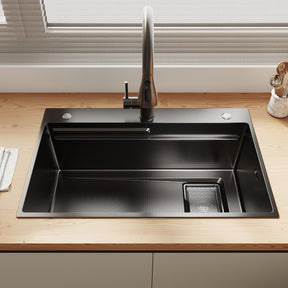 SONNI Spülbecken Küchenspüle 304 Edelstahl Waschbecken 70×45 cm, Einbauspüle mit 1 Becken,Wasserhahn,Unterbauspüle, Nanosilber/Diamantschwarz, inkl. Abtropfkorb & Abflusssieb, 3-Loch Breitkante