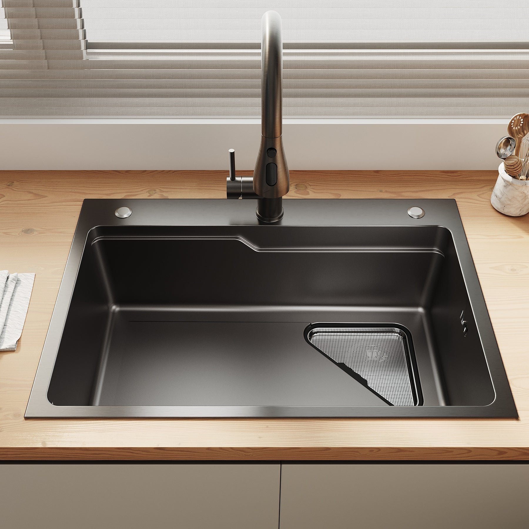 SONNI Waschbecken Küchenspüle 304 SUS Edelstahl, 70×48 cm, Einbauspüle mit 1 Becken,Wasserhahn,Unterbauspüle, mit Abtropfkorb und Dreieckigem Abfallsieb, 3-Loch Breitkante