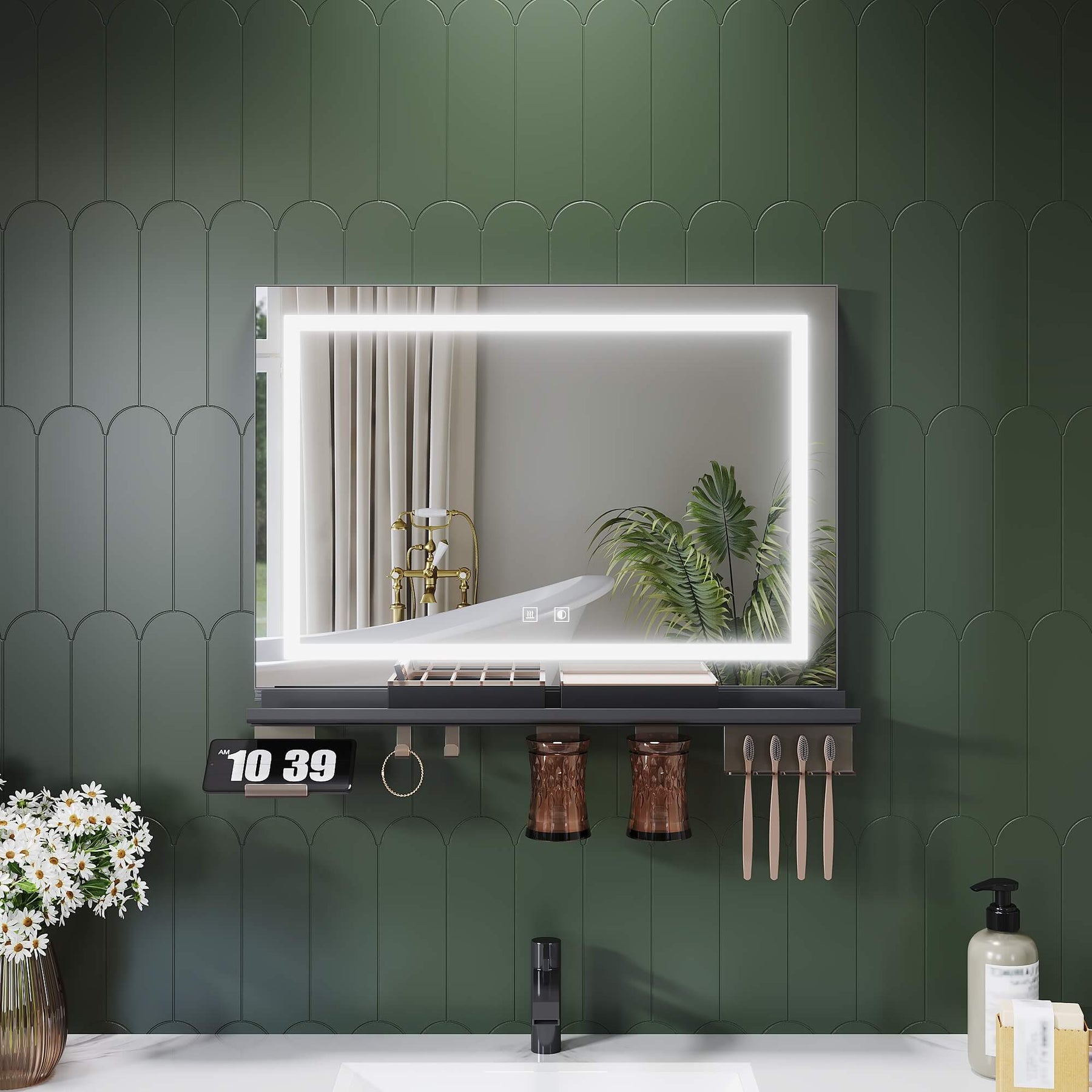 SONNI Badspiegel mit Beleuchtung 70x50cm + Ablage, Touch Badezimmerspiegel 3 Lichtfarben, Anti-Beschlag & Gedächtnisfunktion