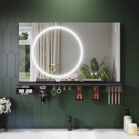 SONNI Badezimmerspiegel mit Beleuchtung 100x60 cm, LED Badspiegel mit Ablage, 3 einstellbare Lichtfarbe + Anti-Beschlag + Touchschalter, Ablage mit Handyhalter + Haken + Zahnbürstenhalter