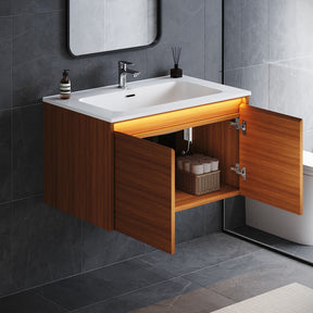 SONNI Waschtisch Badmöbel Set mit Quarz Kunststein Waschbecken, LED Sensorbeleuchtung Push Open Türen 79 x 49,5 x 45 cm