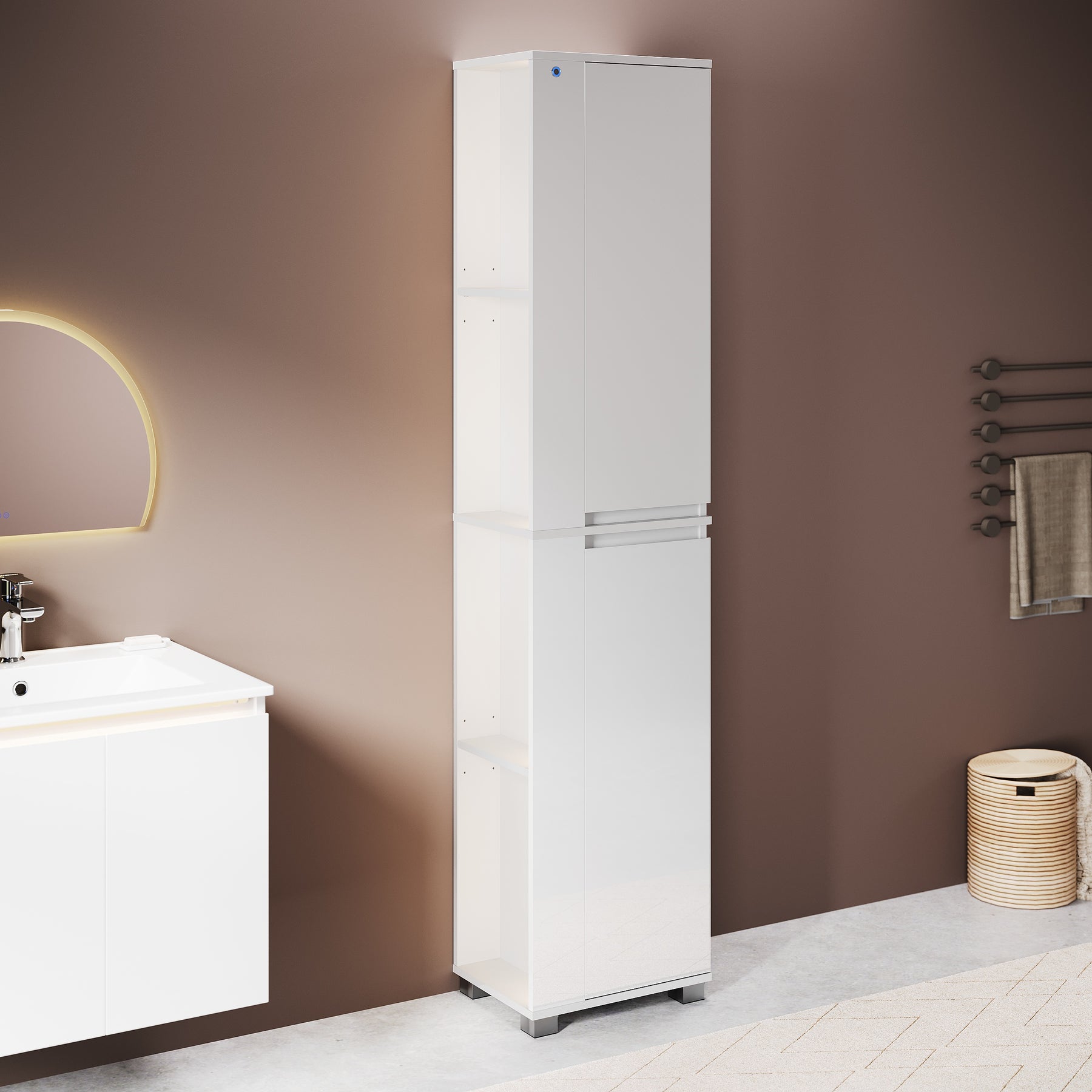 SONNI Badezimmerschrank mit Touch-LED-Beleuchtung, weißer Unterschrank mit 2 rechts öffnenden Türen und verstellbaren Einlegeböden, Geschlossen & Offenes Fach