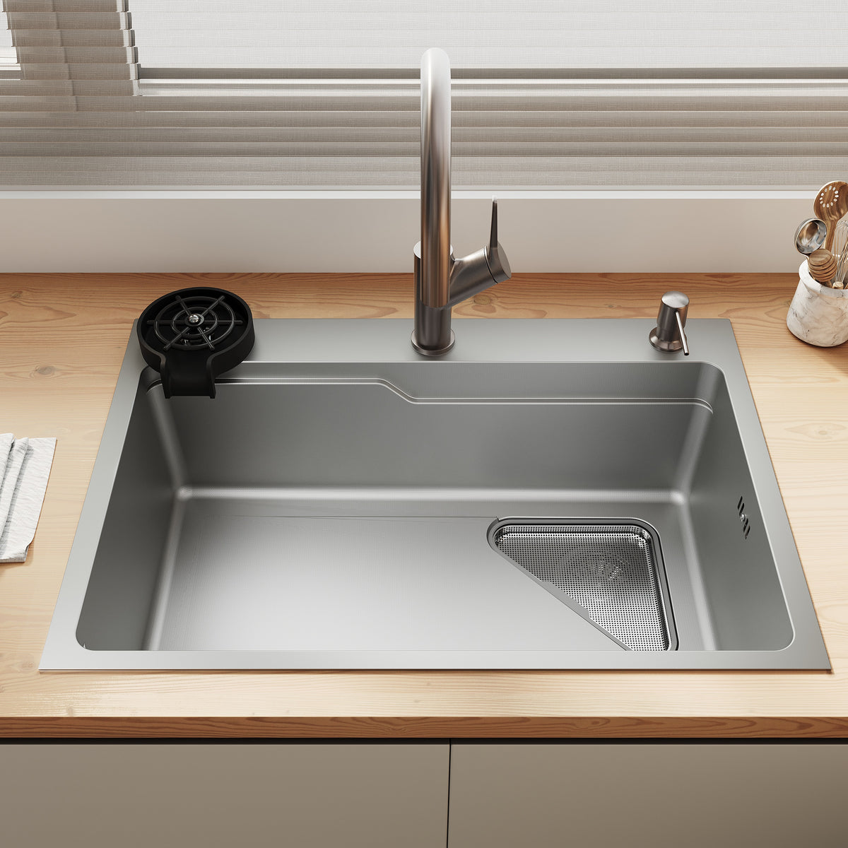 SONNI Waschbecken Küchenspüle 304 SUS Edelstahl, 70×48 cm, Einbauspüle mit 1 Becken, Unterbauspüle, mit Abtropfkorb und Dreieckigem Abfallsieb, 3-Loch Breitkante - Sonni Sanitär GmbH