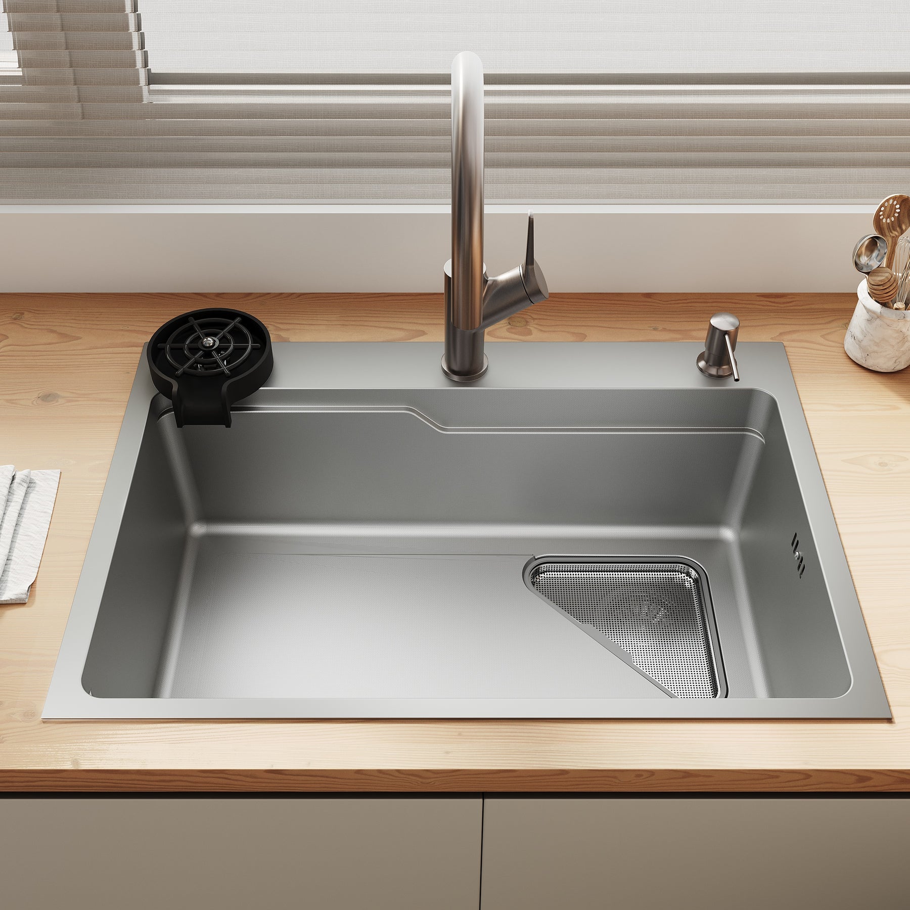 SONNI Waschbecken Küchenspüle 304 SUS Edelstahl, 70×48 cm, Einbauspüle mit 1 Becken, Unterbauspüle, mit Abtropfkorb und Dreieckigem Abfallsieb, 3-Loch Breitkante - Sonni Sanitär GmbH