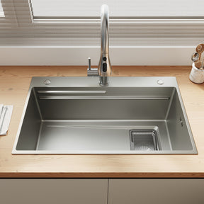 SONNI Spülbecken Küchenspüle 304 Edelstahl Waschbecken 70×45 cm, Einbauspüle mit 1 Becken,Wasserhahn,Unterbauspüle, Nanosilber/Diamantschwarz, inkl. Abtropfkorb & Abflusssieb, 3-Loch Breitkante