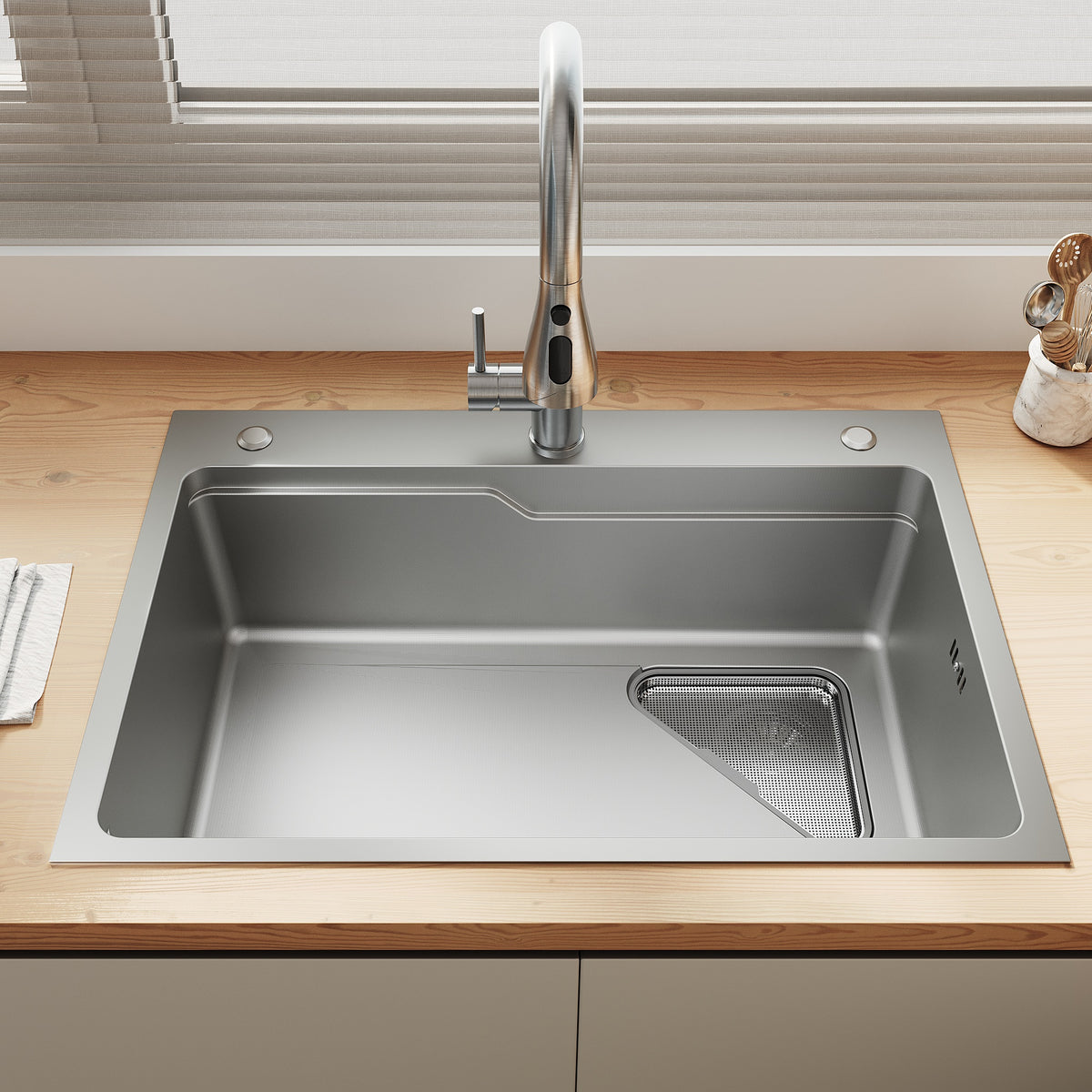SONNI Waschbecken Küchenspüle 304 SUS Edelstahl, 70×48 cm, Einbauspüle mit 1 Becken,Wasserhahn,Unterbauspüle, mit Abtropfkorb und Dreieckigem Abfallsieb, 3-Loch Breitkante