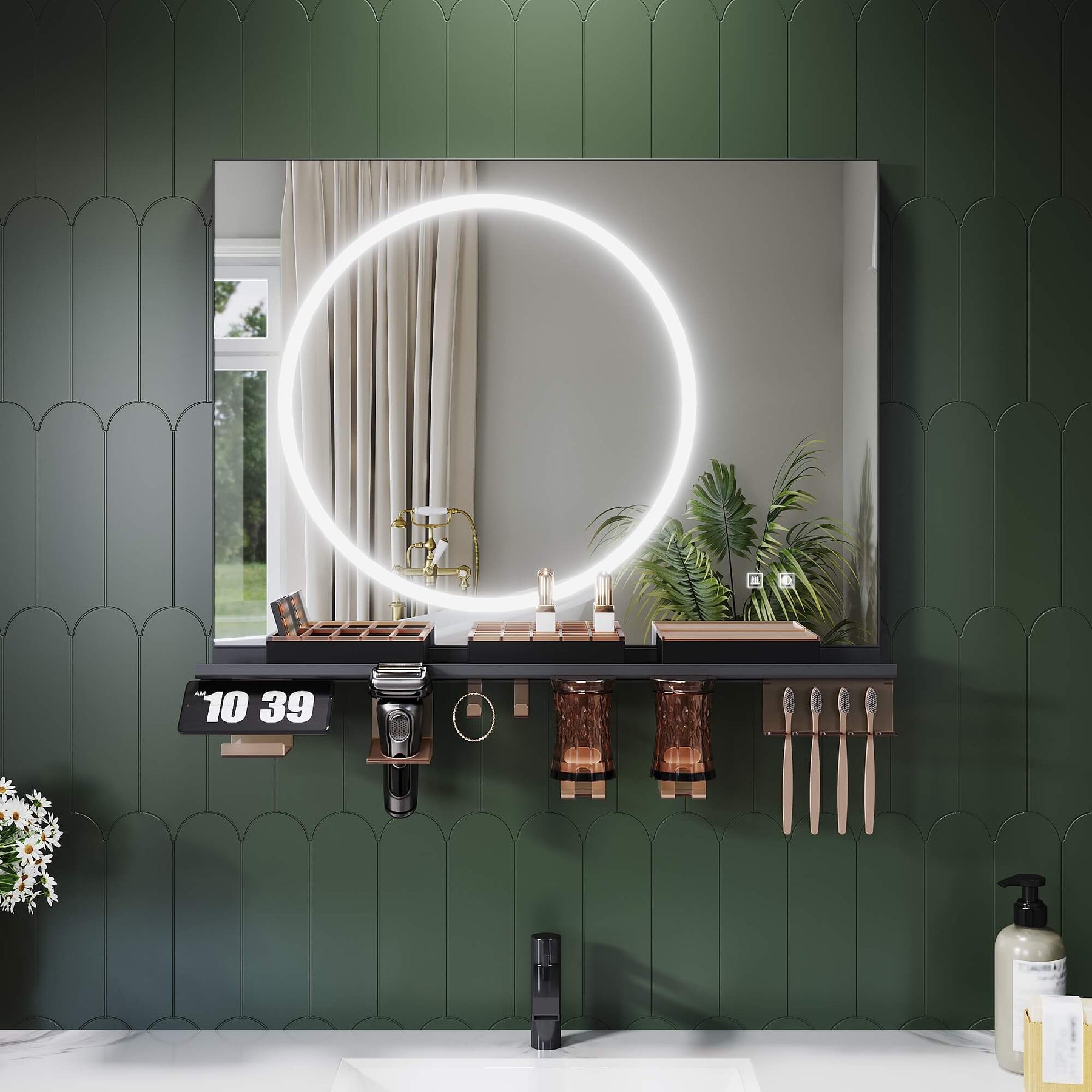 SONNI Badezimmerspiegel mit Beleuchtung 80x60 cm, LED Badspiegel mit Ablage , 3 einstellbare Lichtfarbe + Anti-Beschlag + Touchschalter, Ablage mit Handyhalter + Haken + Zahnbürstenhalter