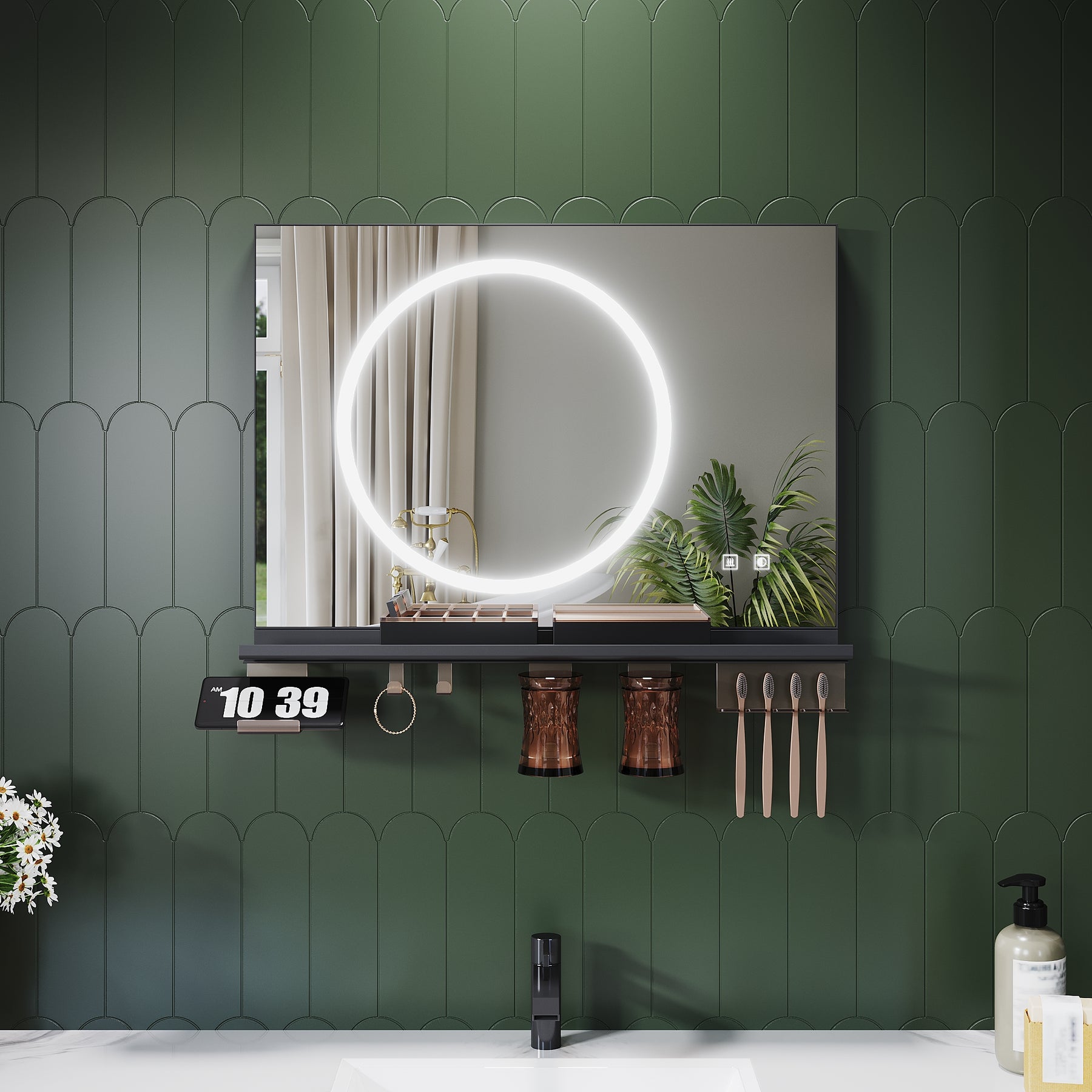 SONNI Badezimmerspiegel mit Beleuchtung 70x50 cm, LED Badspiegel mit Ablage, 3 einstellbare Lichtfarbe + Anti-Beschlag + Touchschalter, Ablage mit Handyhalter + Haken + Zahnbürstenhalter