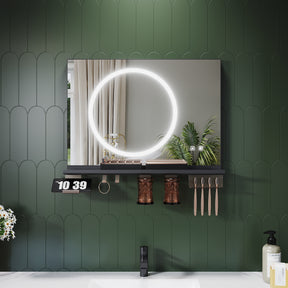 SONNI Badezimmerspiegel mit Beleuchtung 70x50 cm, LED Badspiegel mit Ablage, 3 einstellbare Lichtfarbe + Anti-Beschlag + Touchschalter, Ablage mit Handyhalter + Haken + Zahnbürstenhalter