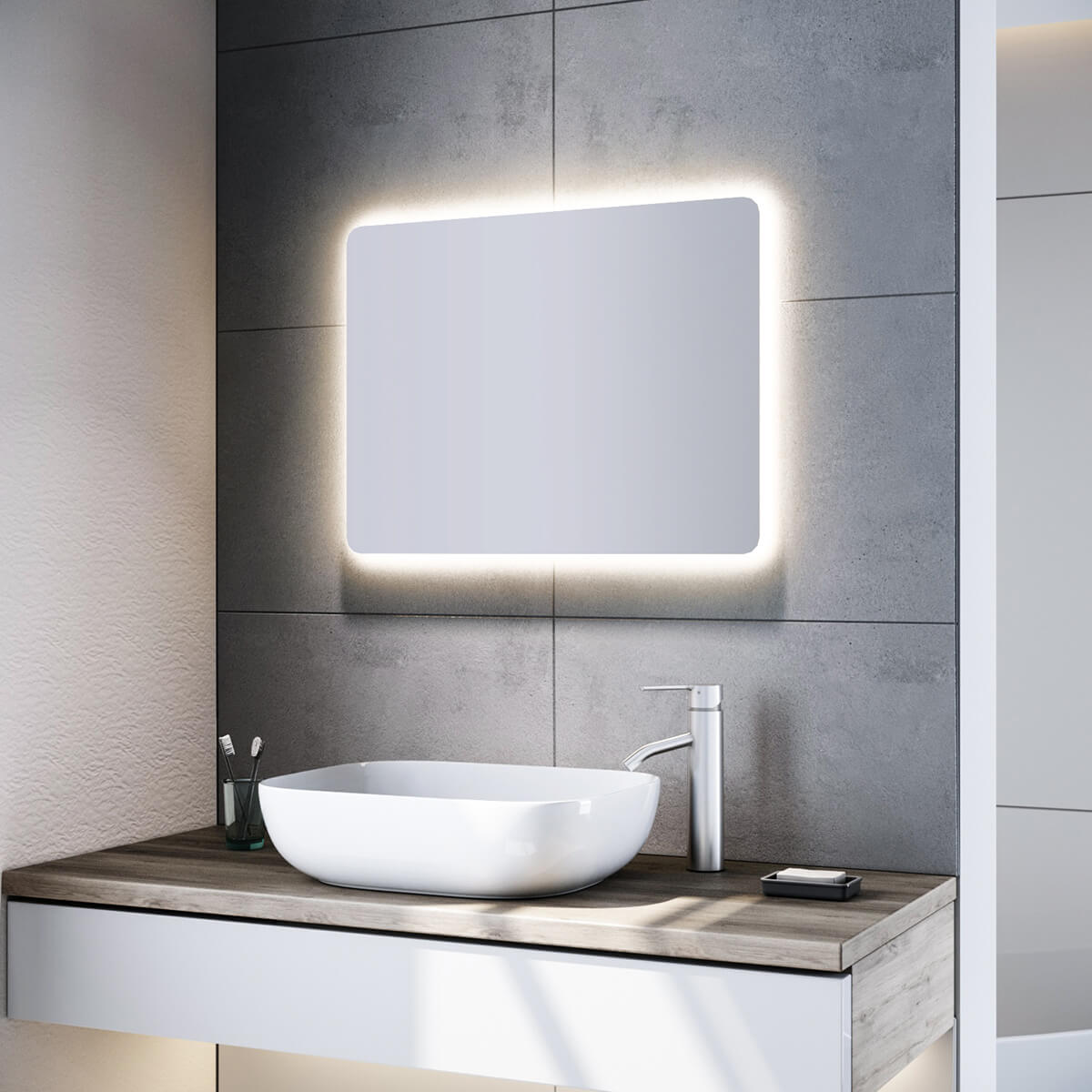 SONNI Badspiegel mit Beleuchtung 80x60 cm und 5.0 Bluetooth Beschlagfrei LED Badspiegel mit Touch-Schalter Wandspiegel Kaltweiße 6400K IP44 - Sonni Sanitär GmbH