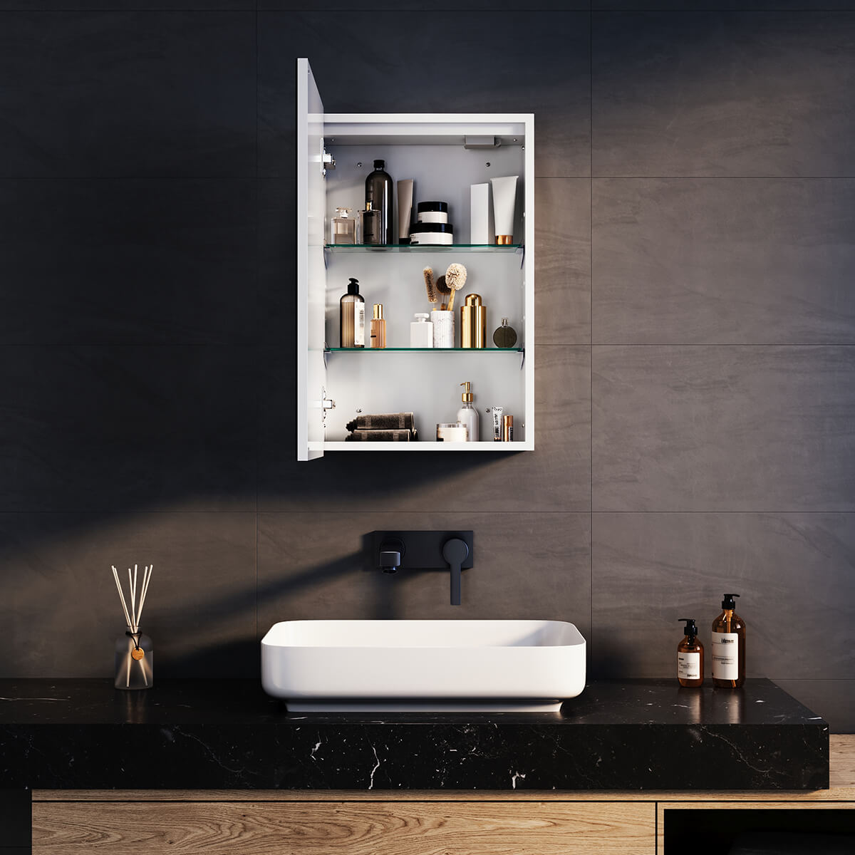 SONNI Spiegelschrank Bad mit Beleuchtung, 3 Lichtfarbe Einstellbar und Beschlagfrei LED Badezimmerschrank mit Kabelloses Scharnier Design Medizinschrank - Sonni Sanitär GmbH