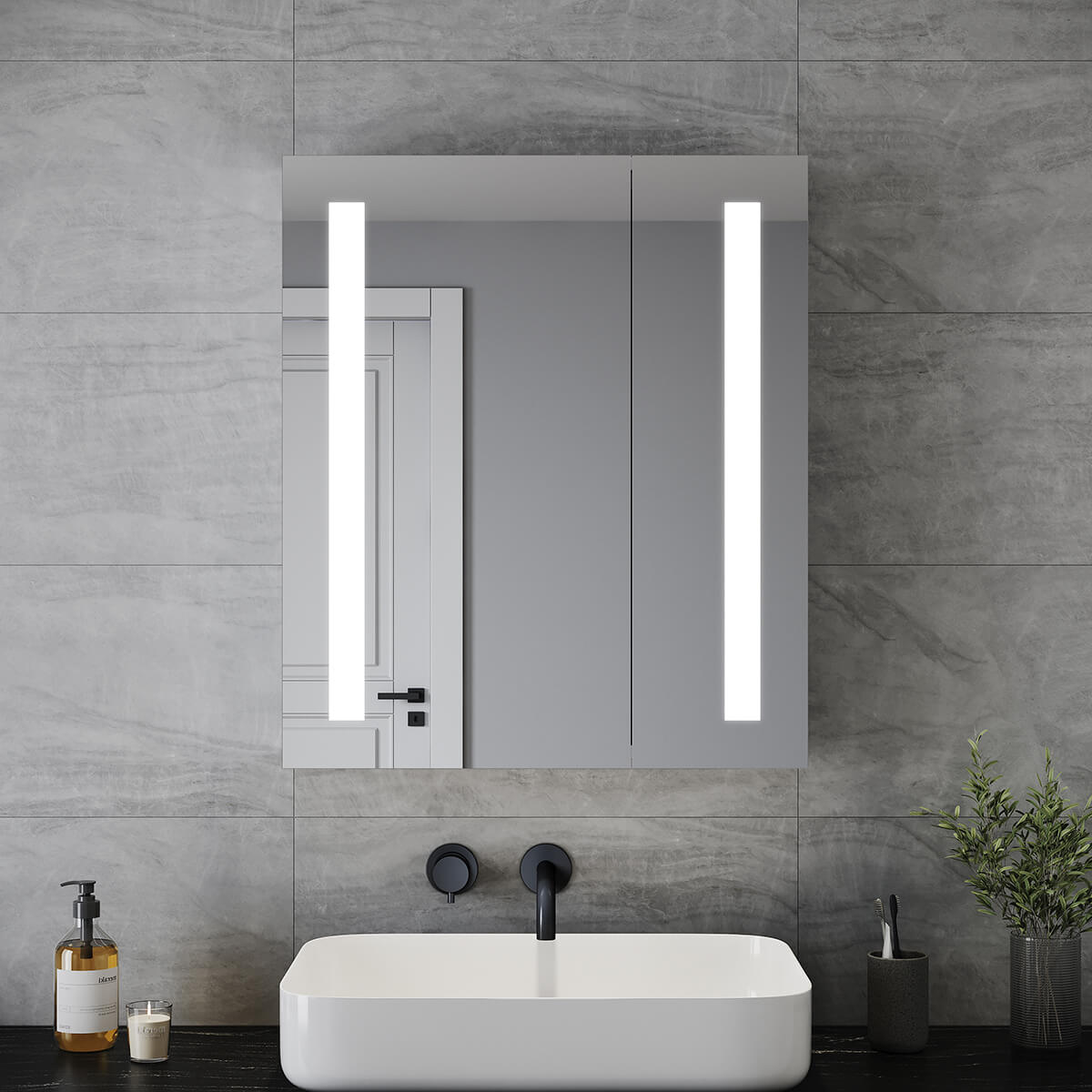 SONNI Spiegelschrank Bad mit Beleuchtung 70 x 60 cm IP44 Wasserciht Edelstahl LED doppeltürig Badezimmerschrank, mit Steckdose und Kippschalter für Badezimmer - Sonni Sanitär GmbH