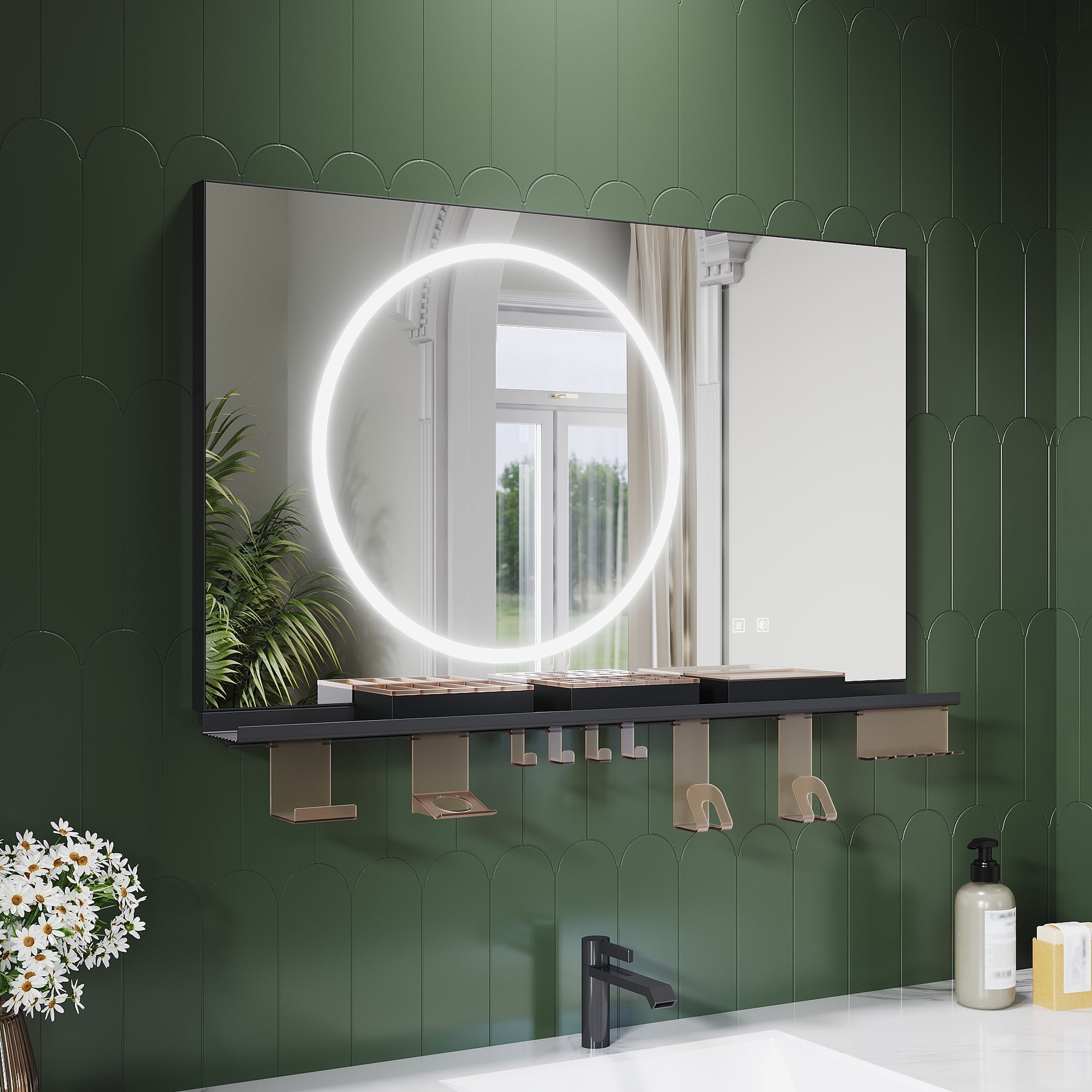 SONNI Badezimmerspiegel mit Beleuchtung 100x60 cm, LED Badspiegel mit Ablage, 3 einstellbare Lichtfarbe + Anti-Beschlag + Touchschalter, Ablage mit Handyhalter + Haken + Zahnbürstenhalter