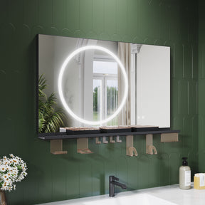 SONNI Badezimmerspiegel mit Beleuchtung 100x60 cm, LED Badspiegel mit Ablage, 3 einstellbare Lichtfarbe + Anti-Beschlag + Touchschalter, Ablage mit Handyhalter + Haken + Zahnbürstenhalter