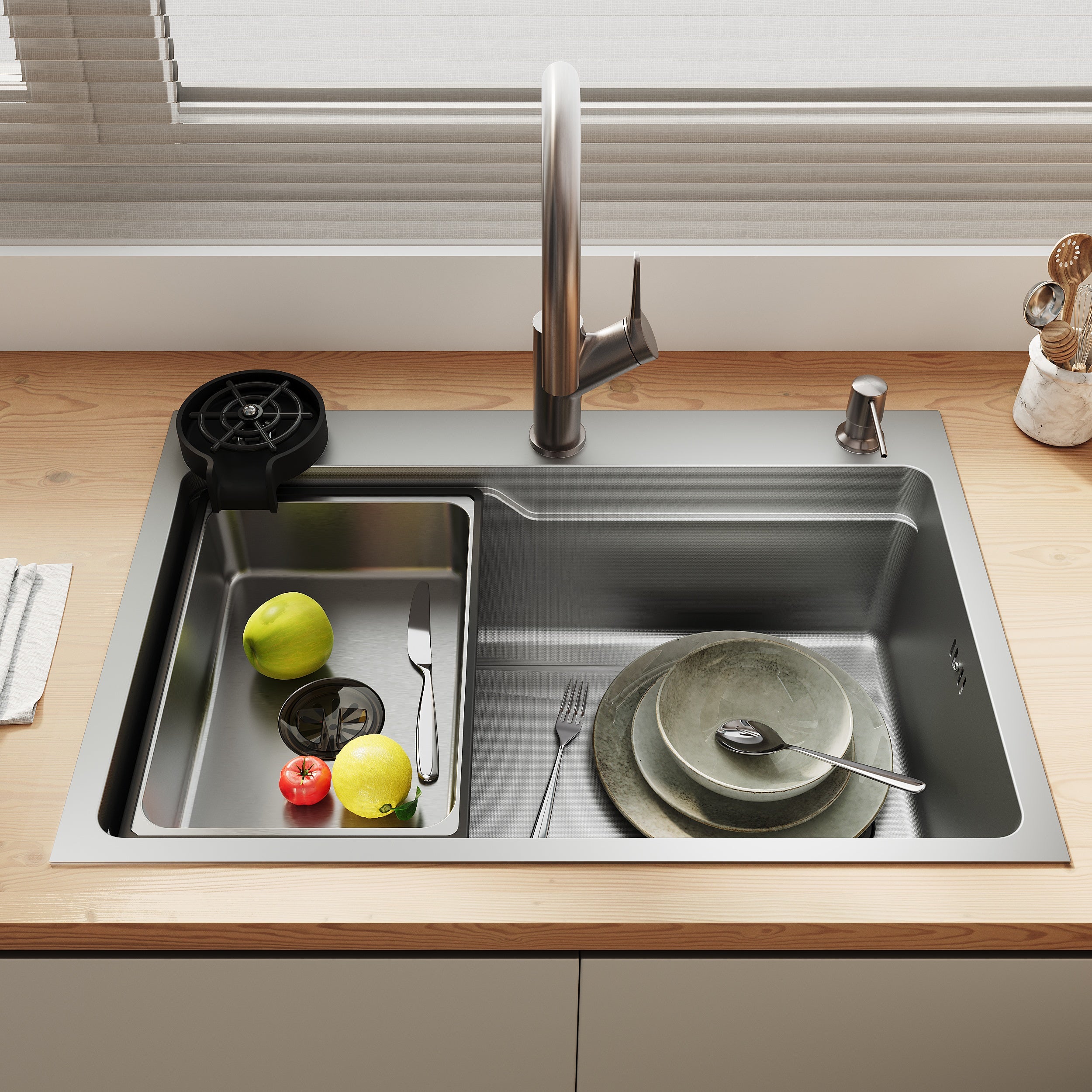 SONNI Waschbecken Küchenspüle 304 SUS Edelstahl, 70×48 cm, Einbauspüle mit 1 Becken, Unterbauspüle, mit Abtropfkorb und Dreieckigem Abfallsieb, 3-Loch Breitkante - Sonni Sanitär GmbH
