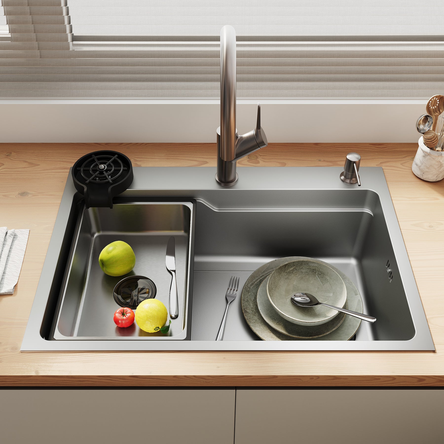 SONNI Waschbecken Küchenspüle 304 SUS Edelstahl, 70×48 cm, Einbauspüle mit 1 Becken, Unterbauspüle, mit Abtropfkorb und Dreieckigem Abfallsieb, 3-Loch Breitkante - Sonni Sanitär GmbH