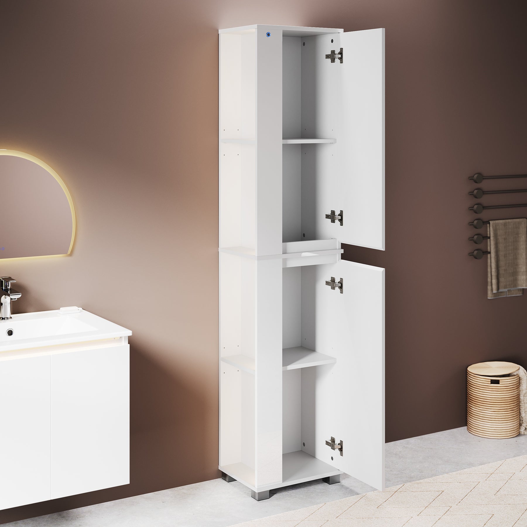 SONNI Badezimmerschrank mit Touch-LED-Beleuchtung, weißer Unterschrank mit 2 rechts öffnenden Türen und verstellbaren Einlegeböden, Geschlossen & Offenes Fach