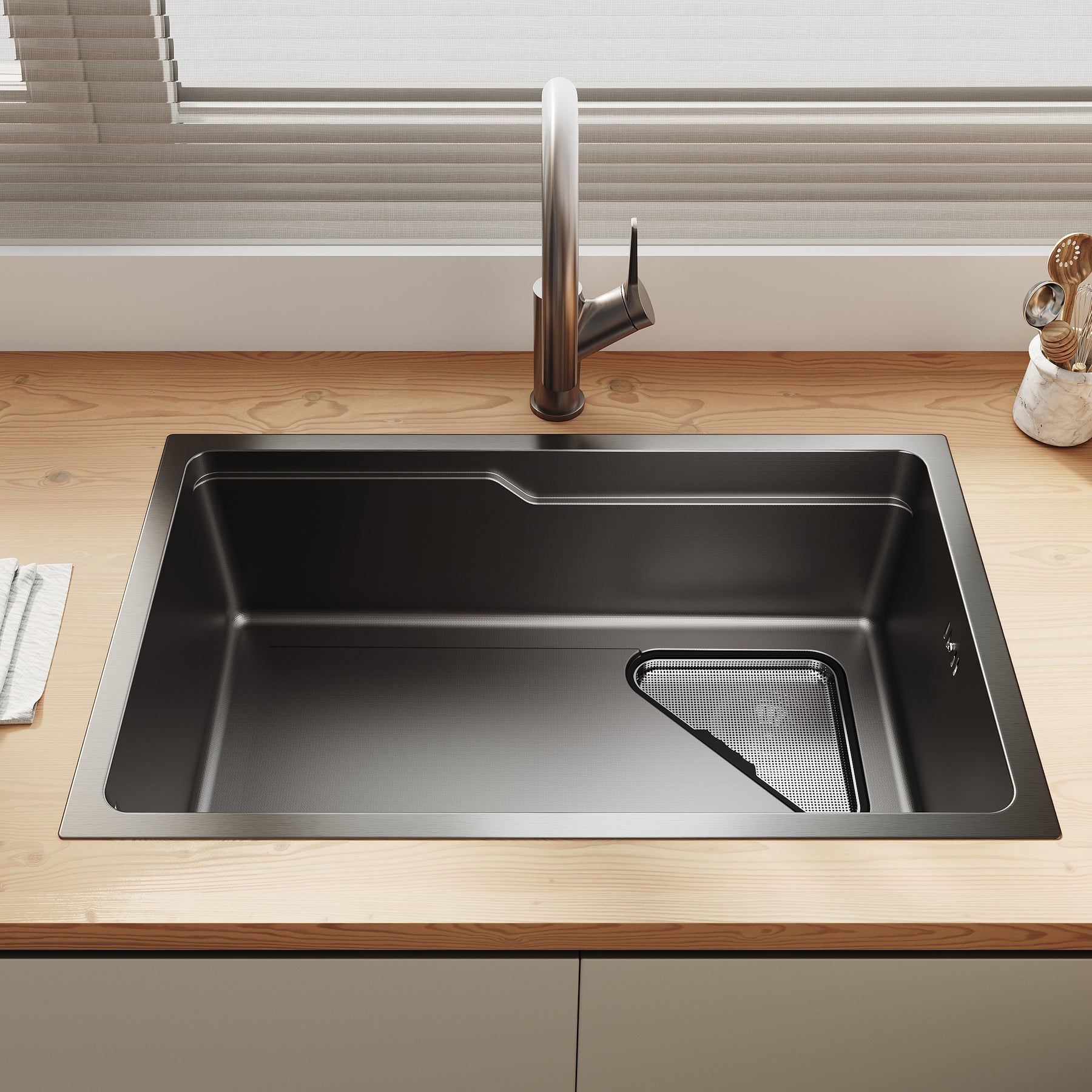 SONNI Waschbecken Küchenspüle 304 SUS Edelstahl, 70×43 cm, Einbauspüle mit 1 Becken, Unterbauspüle, mit Abtropfkorb und Dreieckigem Abfallsieb, Schmale Seite - Sonni Sanitär GmbH