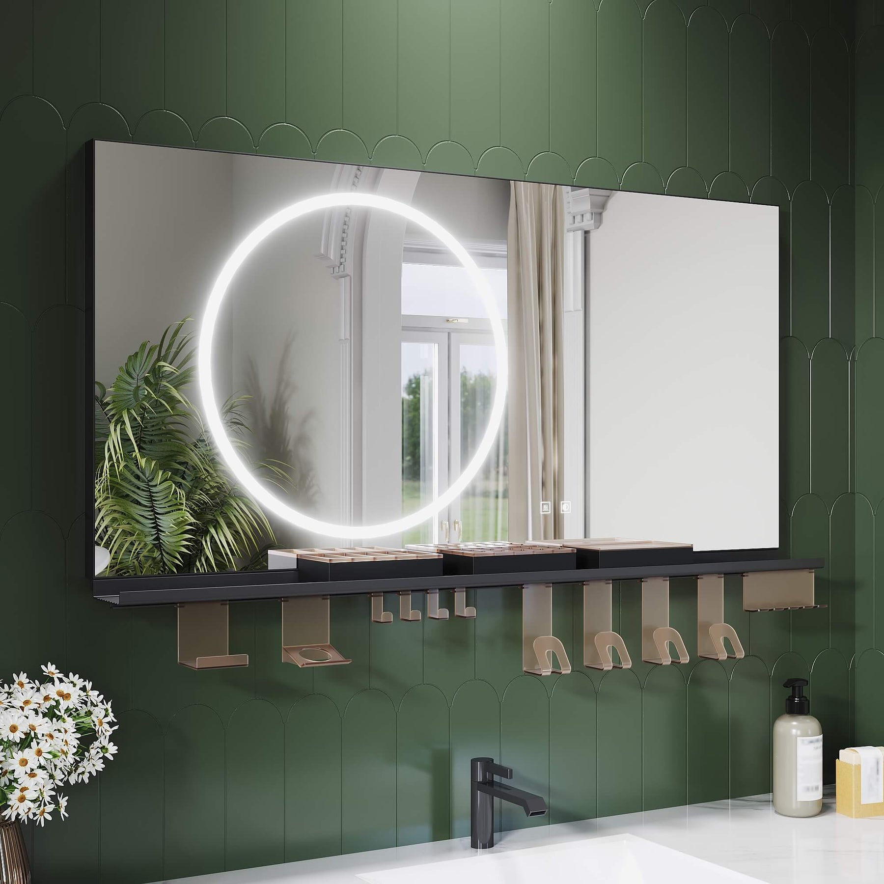 SONNI Badezimmerspiegel mit Beleuchtung 120x60 cm, LED Badspiegel mit Ablage, 3 einstellbare Lichtfarbe + Anti-Beschlag + Touchschalter, Ablage mit Handyhalter + Haken + Zahnbürstenhalte