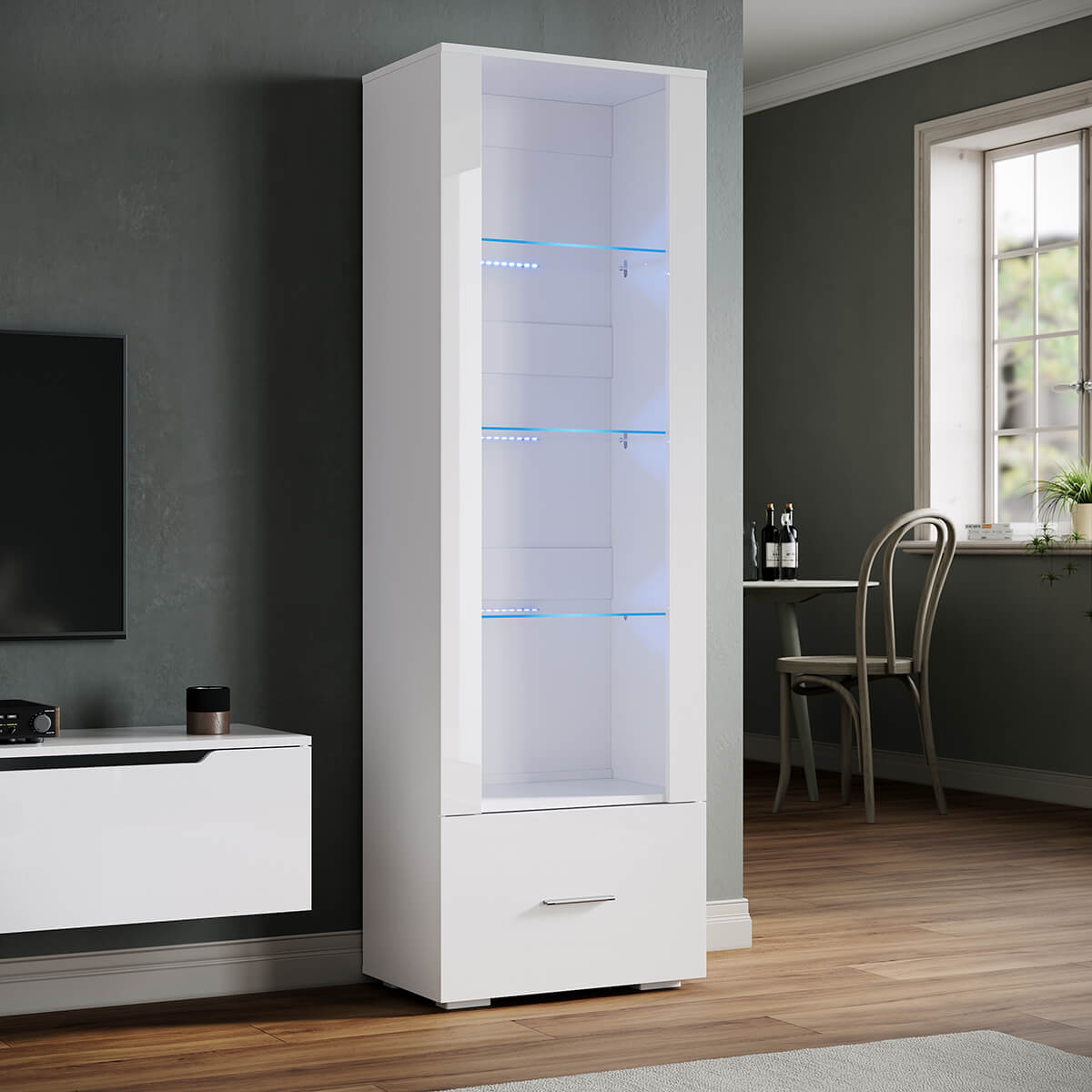 SONNI Vitrine mit LED-Beleuchtung, Glasvitrine mit Schubladen, weiß Hochglanzfront, Sammlervitrine, Vitrinenschrank - Sonni Sanitär GmbH