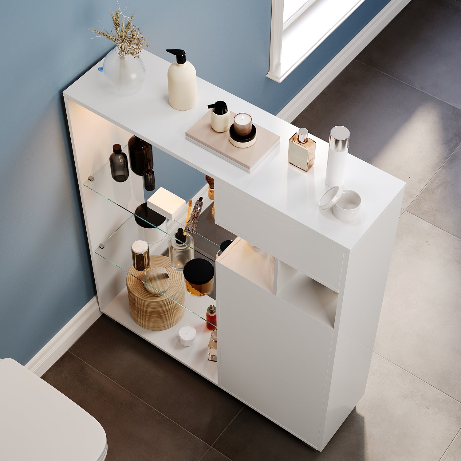 SONNI Badezimmerschrank mit LED-Sensor, Badschrank mit 3 Schubladen und linksseitigem Klappfach, Aufbewahrungsschrank 100 x 26 x 116 cm Weiß