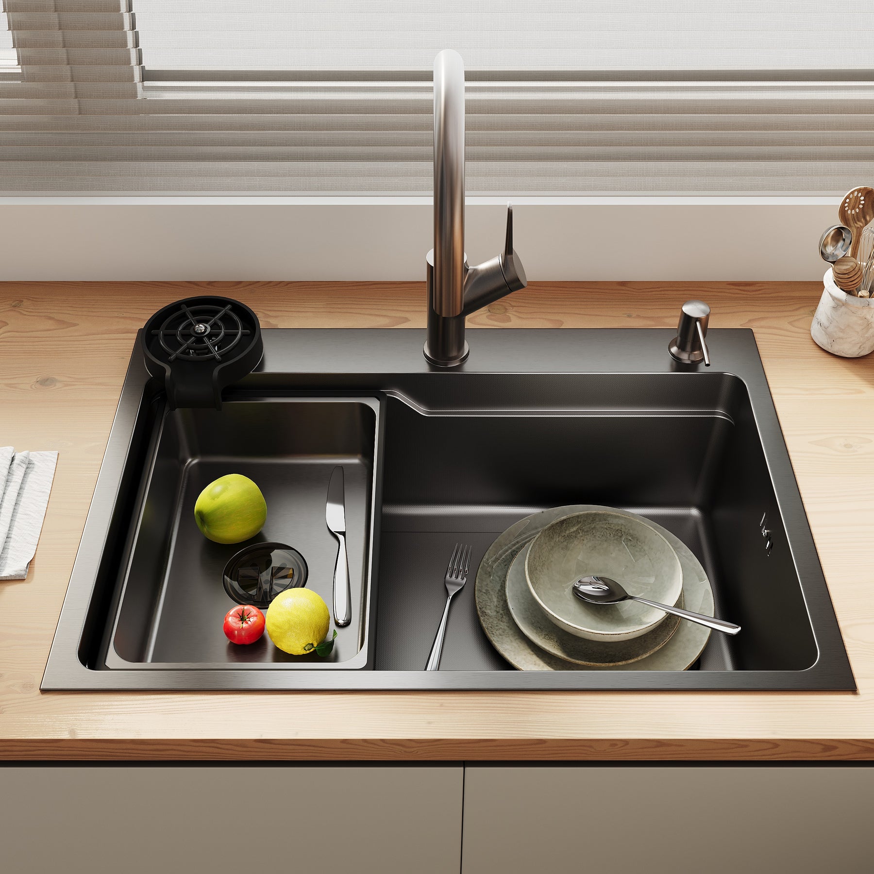 SONNI Waschbecken Küchenspüle 304 SUS Edelstahl, 70×48 cm, Einbauspüle mit 1 Becken, Unterbauspüle, mit Abtropfkorb und Dreieckigem Abfallsieb, 3-Loch Breitkante - Sonni Sanitär GmbH