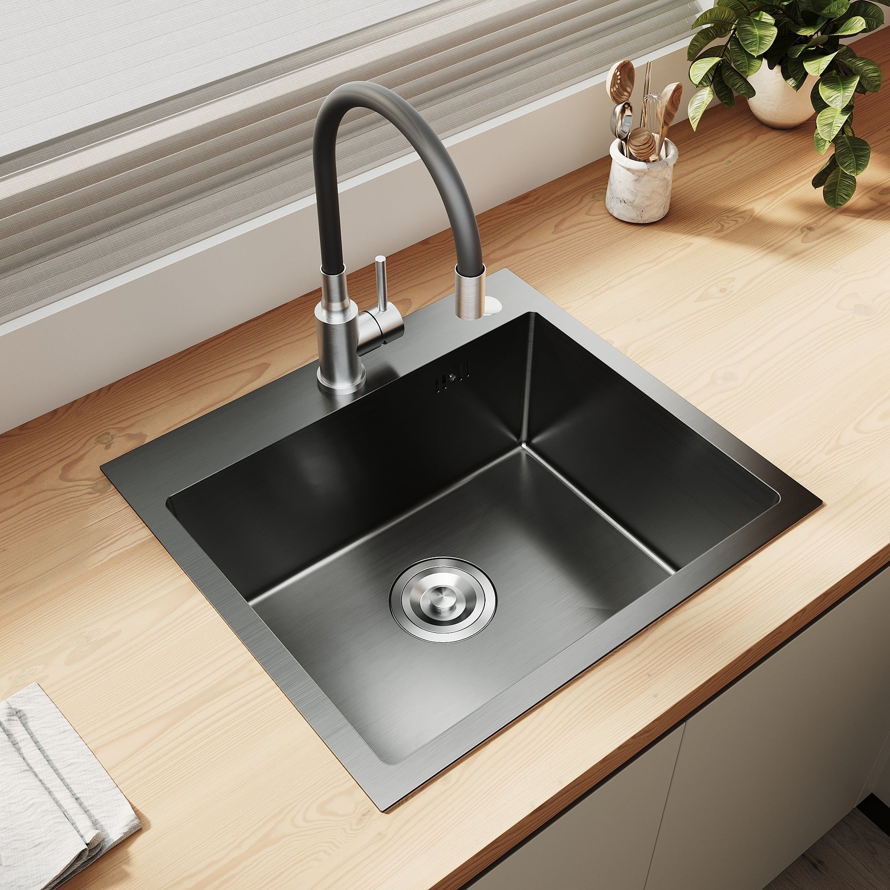 SONNI Küchenspüle Edelstahl mit Armatur Set, Spülbecken Schwarz 50 x 45 cm