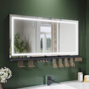 SONNI LED Badspiegel 120x60cm + Ablage, Touch Spiegel mit Beleuchtung, 3 Lichtfarben, Anti-Beschlag & Memory, Ablage mit Handyhalter + Haken + Zahnbürstenhalter + Becherhalter