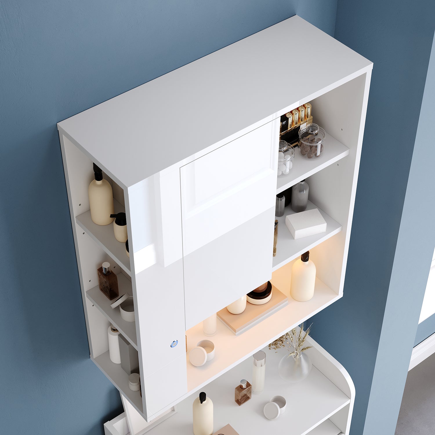 SONNI Wand-Badezimmerschrank mit LED-Sensor, Badschrank zur Wandmontage mit Tür und offenen Fächern 60 x 23 x 70 cm Weiß
