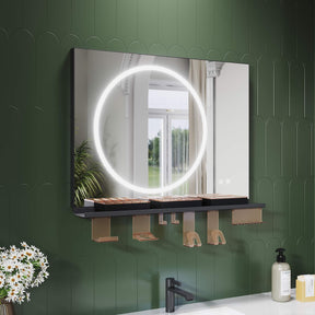 SONNI Badezimmerspiegel mit Beleuchtung 80x60 cm, LED Badspiegel mit Ablage , 3 einstellbare Lichtfarbe + Anti-Beschlag + Touchschalter, Ablage mit Handyhalter + Haken + Zahnbürstenhalter