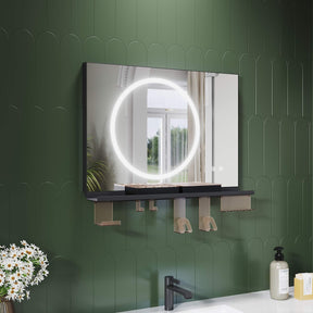 SONNI Badezimmerspiegel mit Beleuchtung 70x50 cm, LED Badspiegel mit Ablage, 3 einstellbare Lichtfarbe + Anti-Beschlag + Touchschalter, Ablage mit Handyhalter + Haken + Zahnbürstenhalter