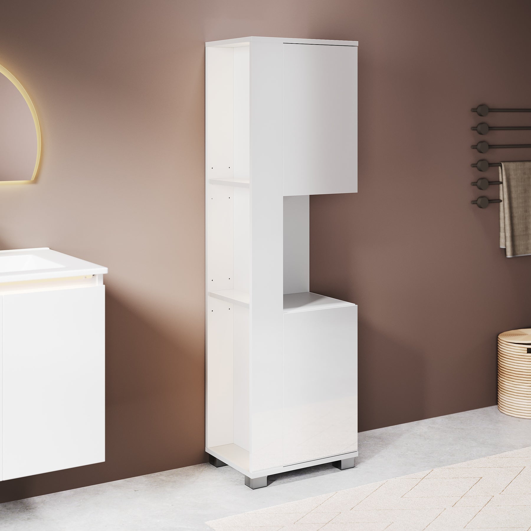 SONNI Badezimmerschrank mit Touch-LED-Beleuchtung, weißer Unterschrank mit 2 rechts öffnenden Türen und verstellbaren Einlegeböden, Geschlossen & Offenes Fach