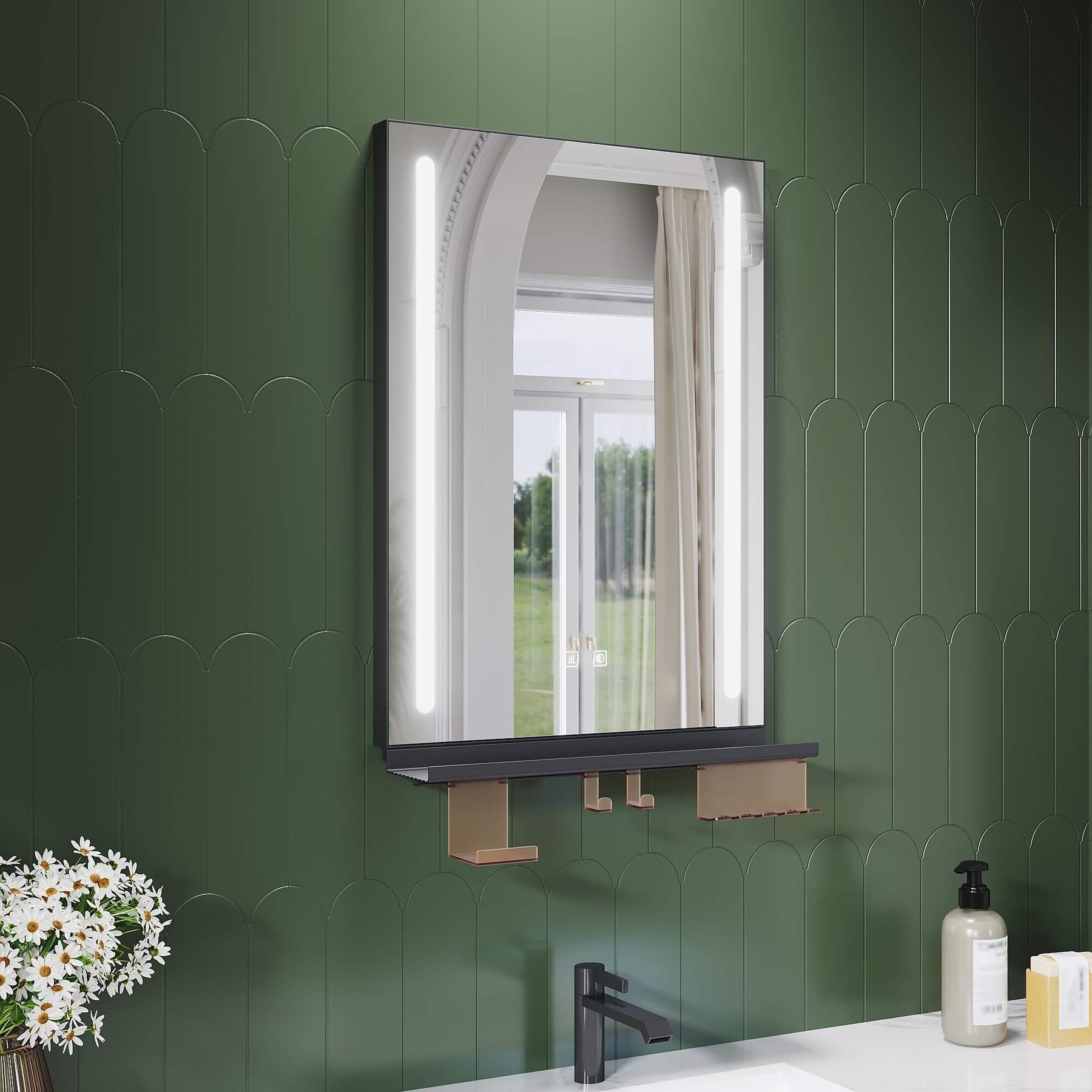 SONNI LED Badspiegel 50x70cm mit Ablage, Touch Badezimmerspiegel 3 Lichtfarben, Anti-Beschlag & Gedächtnisfunktion, Ablage mit Handyhalter + Haken + Zahnbürstenhalter + Becherhalter