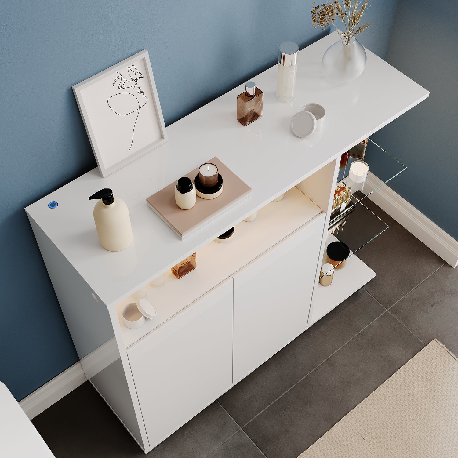 SONNI Waschtisch mit Touch-LED, weißer Unterschrank mit offener rechter Seite, Doppeltüren und ausziehbarem Einlegeboden, 90 x 30 x 82 cm Weiß
