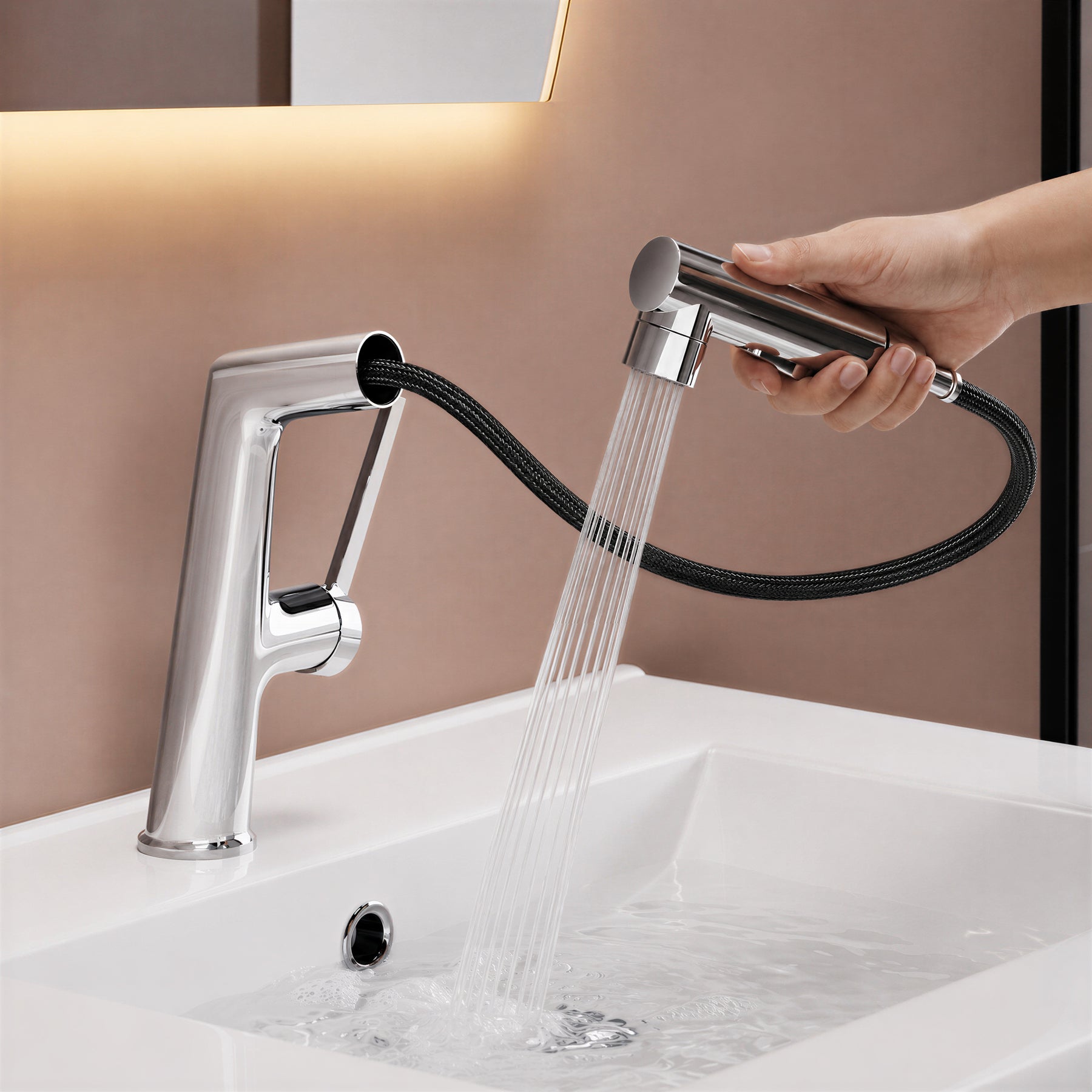 SONNI Waschtischarmatur verchromt, 3 Wasserauslassmodi Dualer Wasserfluss automatische Rückziehfunktion