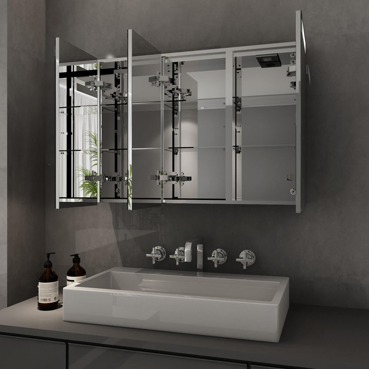 SONNI Bathroom Mirror Cabinet with Lighting, 3-Door Stainless Steel LED Mirror Cabinet 90 x 65 x 13 cm