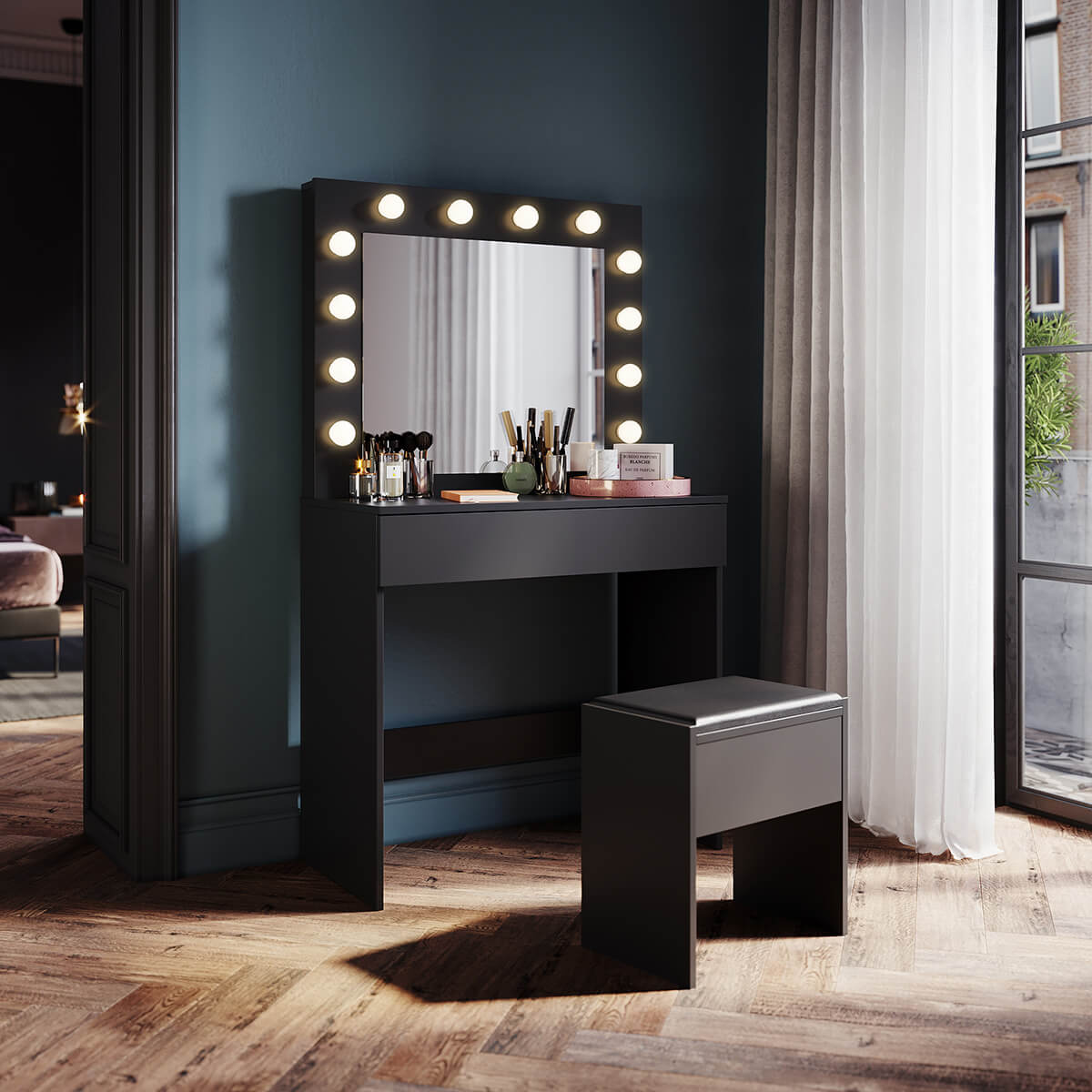 SONNI Schminktisch mit Hocker Spiegel, Kosmetiktisch mit Schubladen für Schlafzimmer, Frisiertisch Schreibtisch aus MDF und Massivholz, Kinderleichte Montage - Sonni Sanitär GmbH