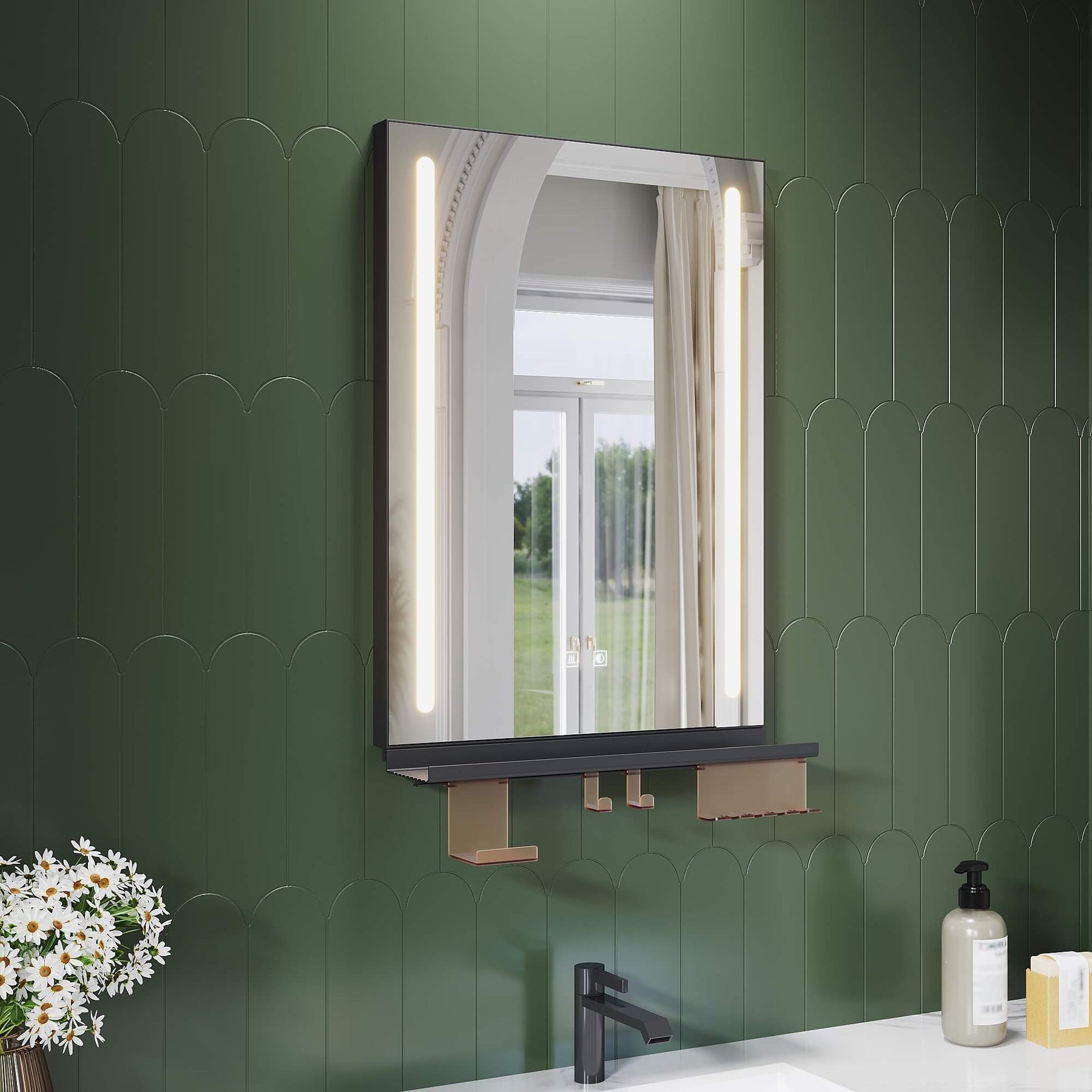 SONNI LED Badspiegel 50x70cm mit Ablage, Touch Badezimmerspiegel 3 Lichtfarben, Anti-Beschlag & Gedächtnisfunktion, Ablage mit Handyhalter + Haken + Zahnbürstenhalter + Becherhalter