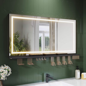 SONNI LED Badspiegel 120x60cm + Ablage, Touch Spiegel mit Beleuchtung, 3 Lichtfarben, Anti-Beschlag & Memory, Ablage mit Handyhalter + Haken + Zahnbürstenhalter + Becherhalter