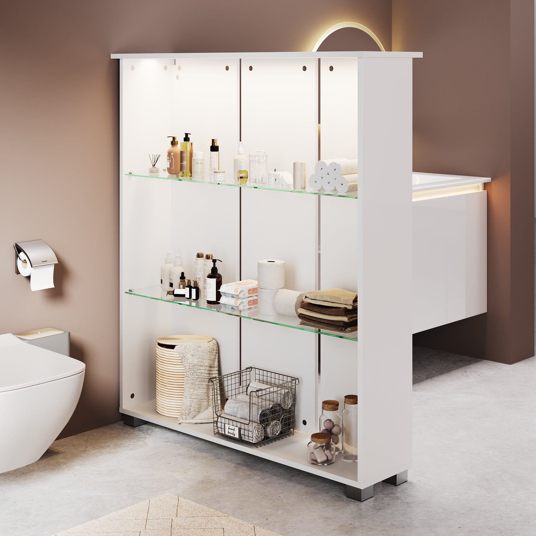 SONNI Badschrank mit LED-Sensoren,3 verstellbare Glasböden Badschrank mit 4 Kunststofffüßen 100 x 26 x 116 cm Weiß