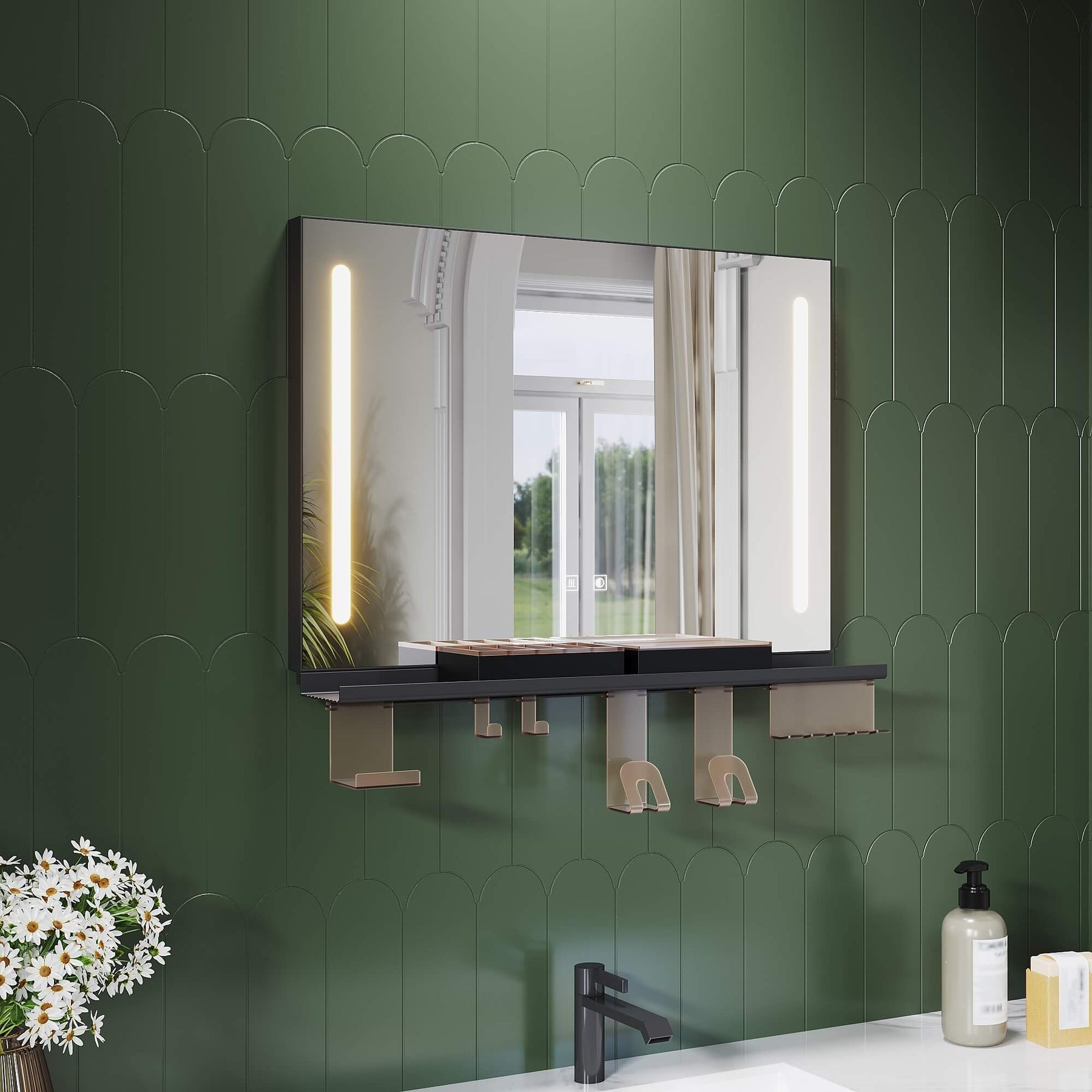 SONNI LED Badspiegel 70x50cm mit Ablage, Touch Badezimmerspiegel 3 Lichtfarben, Anti-Beschlag & Gedächtnisfunktion, Ablage mit Handyhalter + Haken + Zahnbürstenhalter