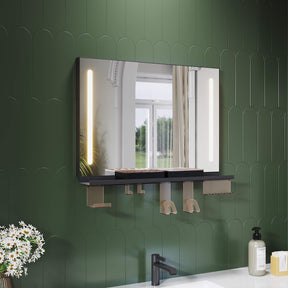 SONNI LED Badspiegel 70x50cm mit Ablage, Touch Badezimmerspiegel 3 Lichtfarben, Anti-Beschlag & Gedächtnisfunktion, Ablage mit Handyhalter + Haken + Zahnbürstenhalter