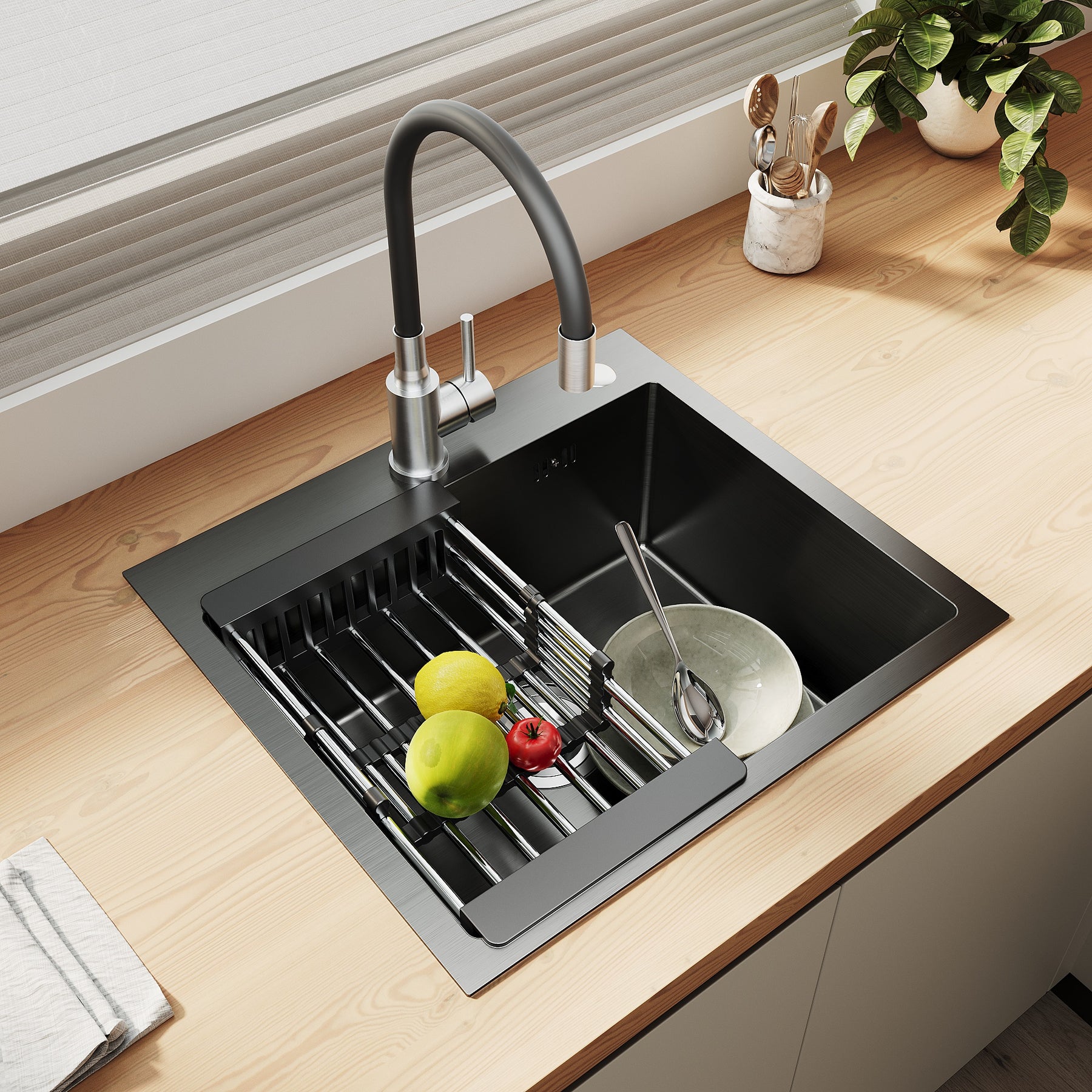 SONNI Küchenspüle Edelstahl mit Armatur Set, Spülbecken Schwarz 50 x 45 cm